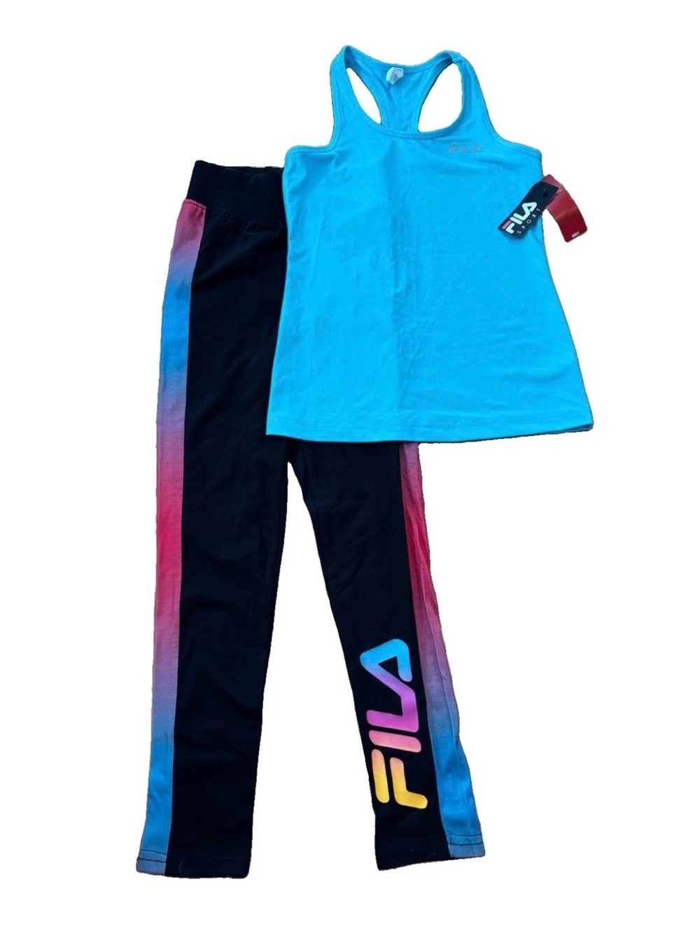 Fila Girls Aqua Tank & Black Leggings with Rainbow Gradient Logo - Size 7/8